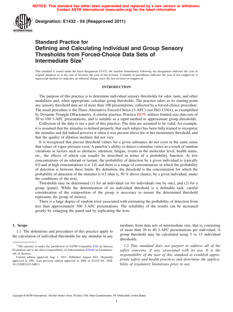 ASTM E1432-04(2011) - Standard Practice for Defining and Calculating Individual and Group Sensory Thresholds from Forced-Choice Data Sets of<br>  Intermediate Size