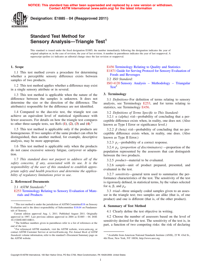 ASTM E1885-04(2011) - Standard Test Method for Sensory Analysis<char: emdash>Triangle Test