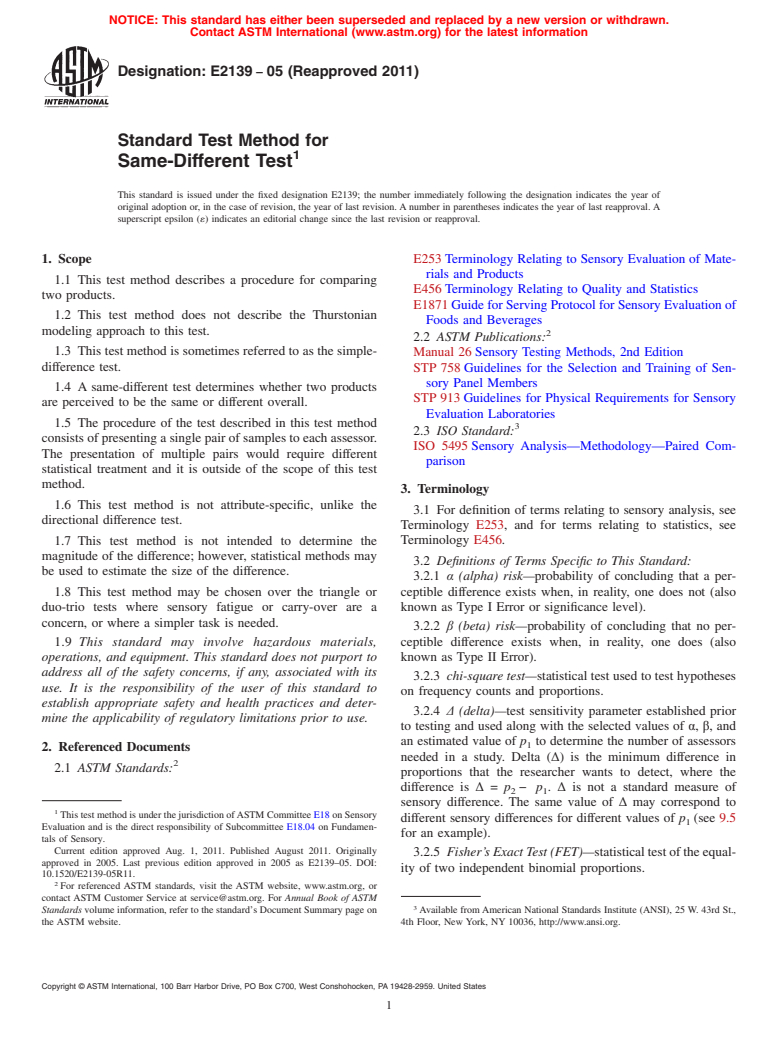 ASTM E2139-05(2011) - Standard Test Method for Same-Different Test