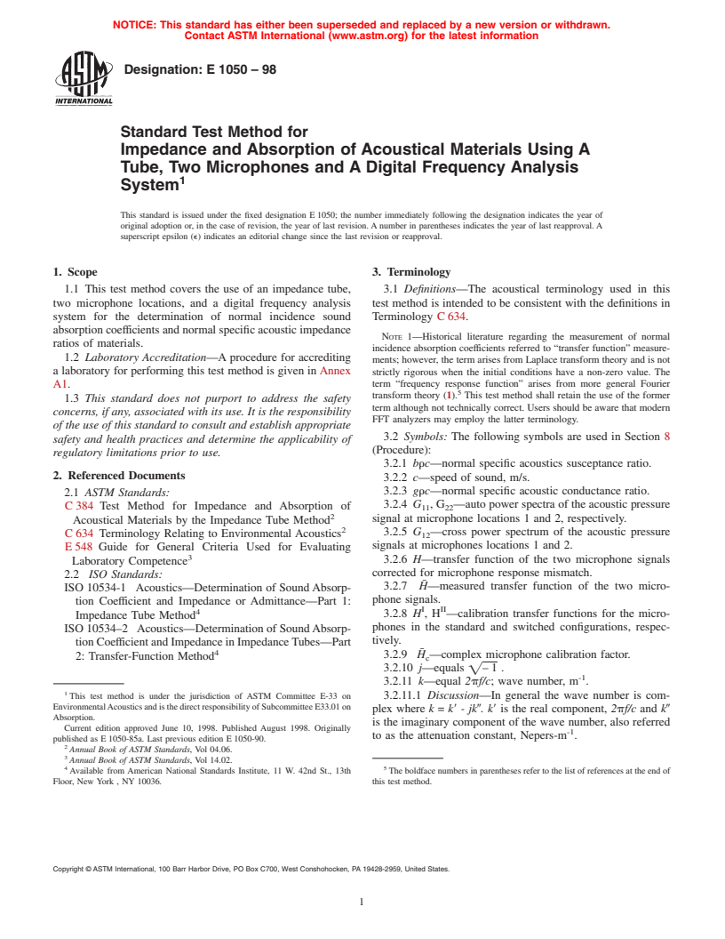 ASTM E1050-98 - Standard Test Method for Impedance and Absorption of Acoustical Materials Using a Tube, Two Microphones, and a Digital Frequency Analysis System