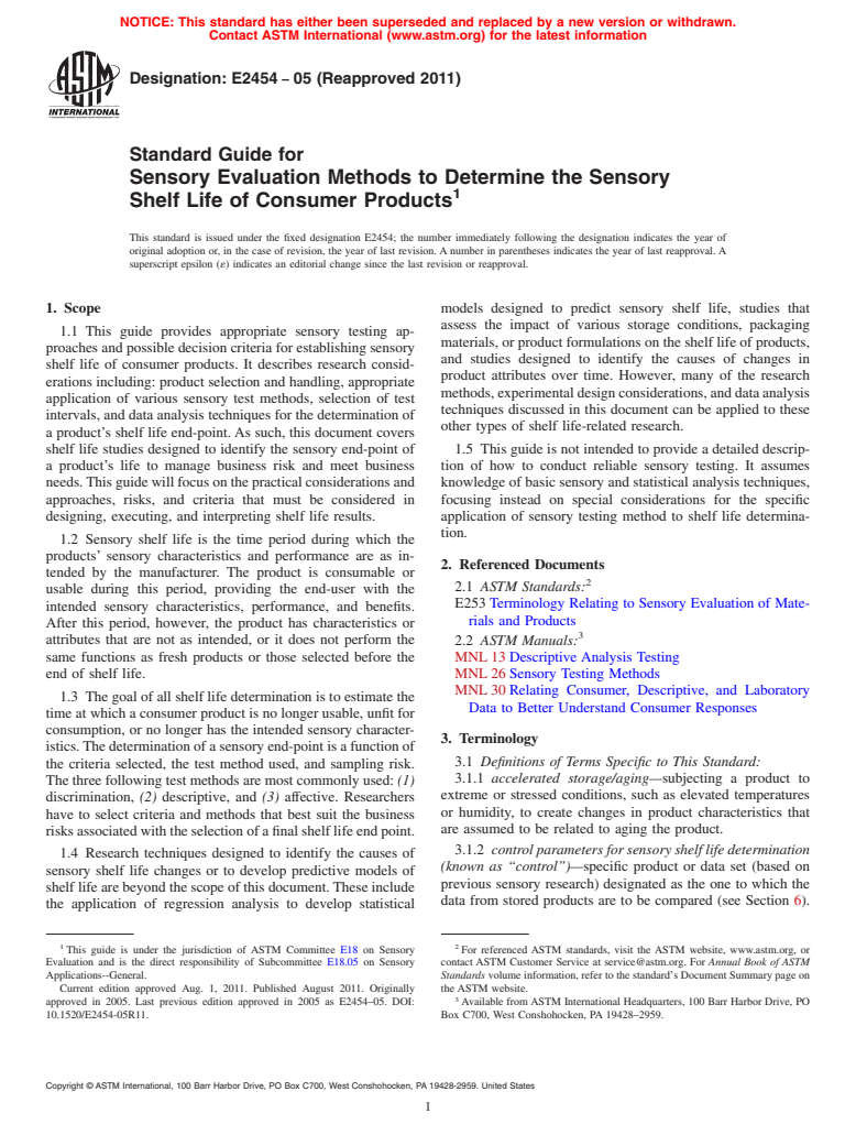 ASTM E2454-05(2011) - Standard Guide for Sensory Evaluation Methods to Determine the Sensory Shelf Life of Consumer Products