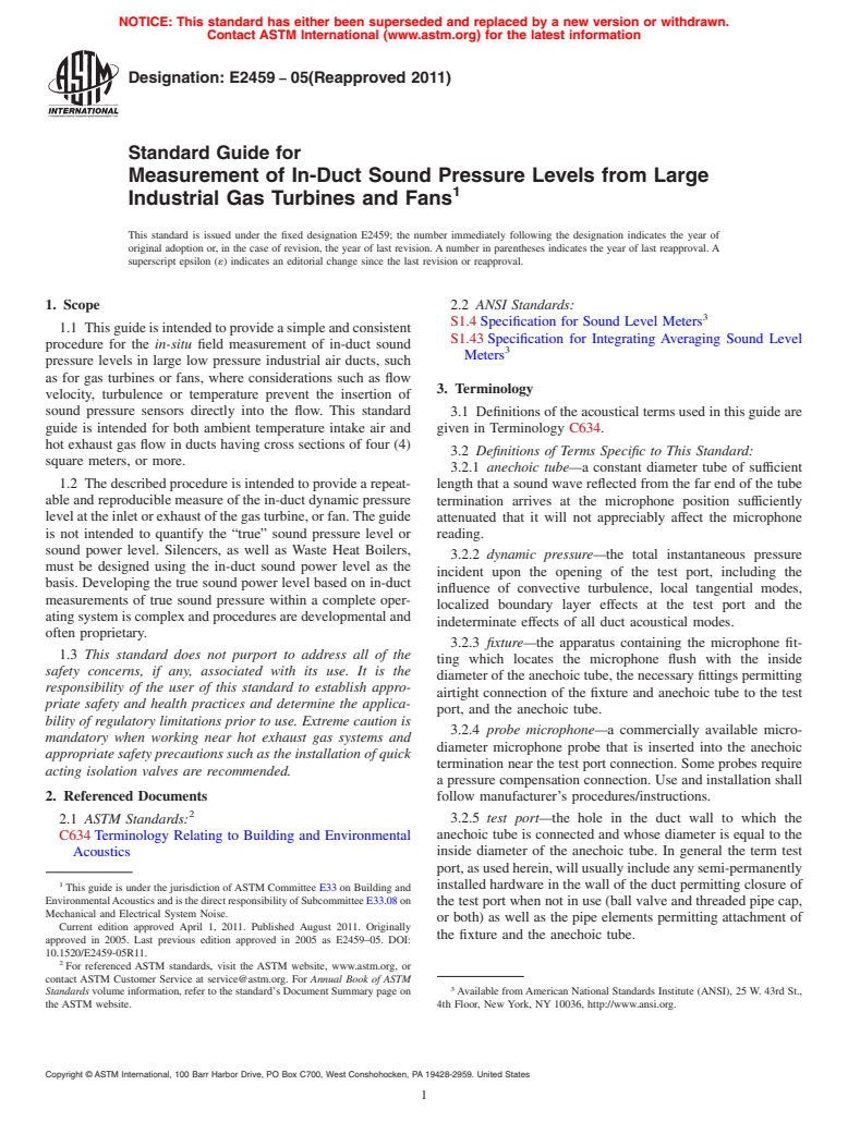 ASTM E2459-05(2011) - Standard Guide for Measurement of In-Duct Sound Pressure Levels from Large Industrial Gas Turbines and Fans