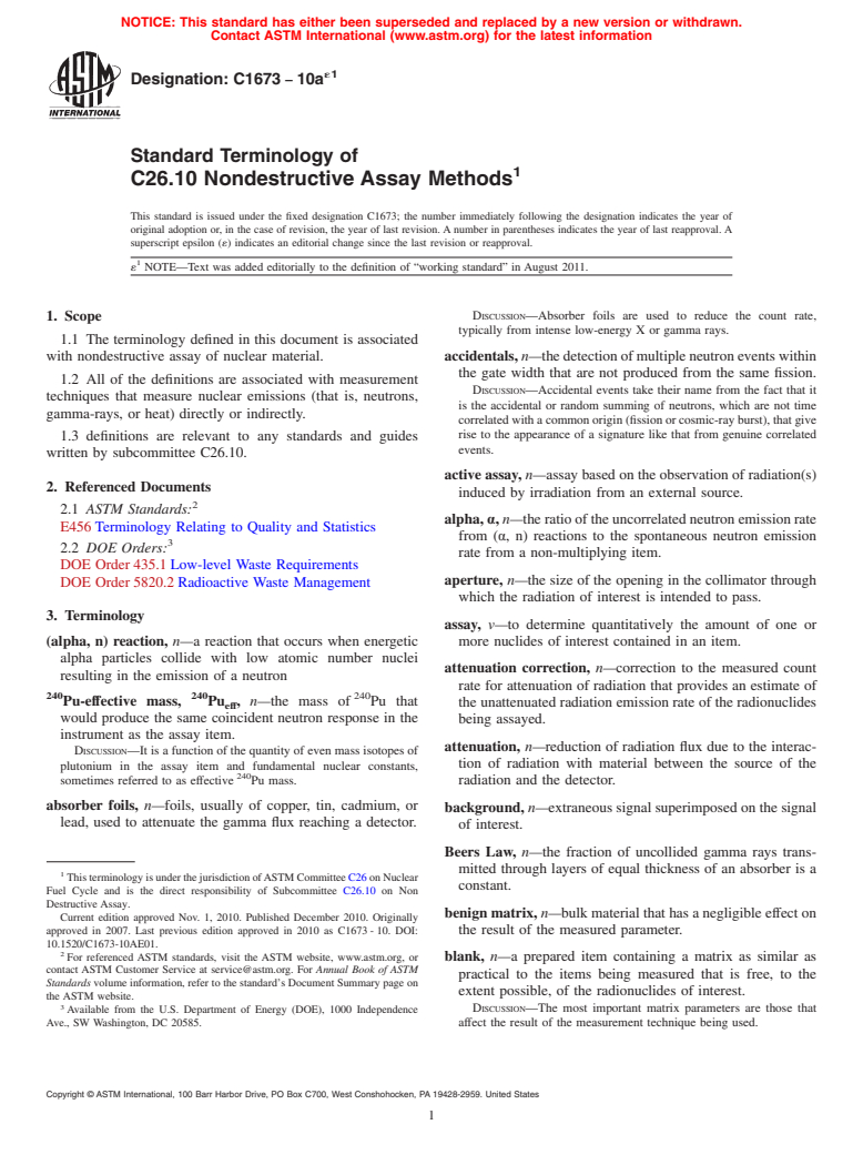 ASTM C1673-10ae1 - Standard Terminology of C26.10 Nondestructive Assay Methods