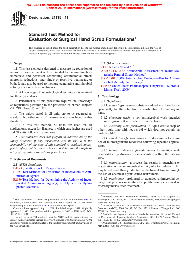 ASTM E1115-11 - Standard Test Method for Evaluation of Surgical Hand Scrub Formulations