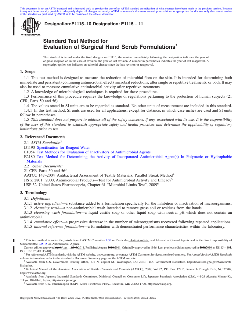 REDLINE ASTM E1115-11 - Standard Test Method for Evaluation of Surgical Hand Scrub Formulations