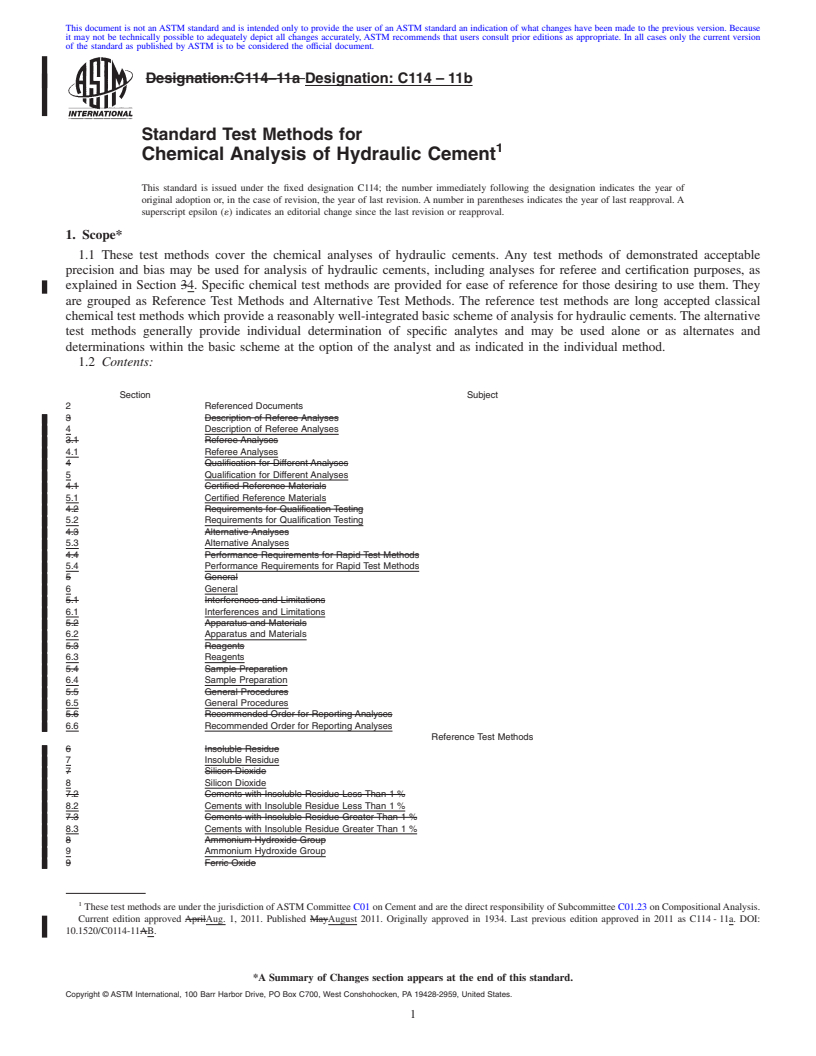 REDLINE ASTM C114-11b - Standard Test Methods for  Chemical Analysis of Hydraulic Cement