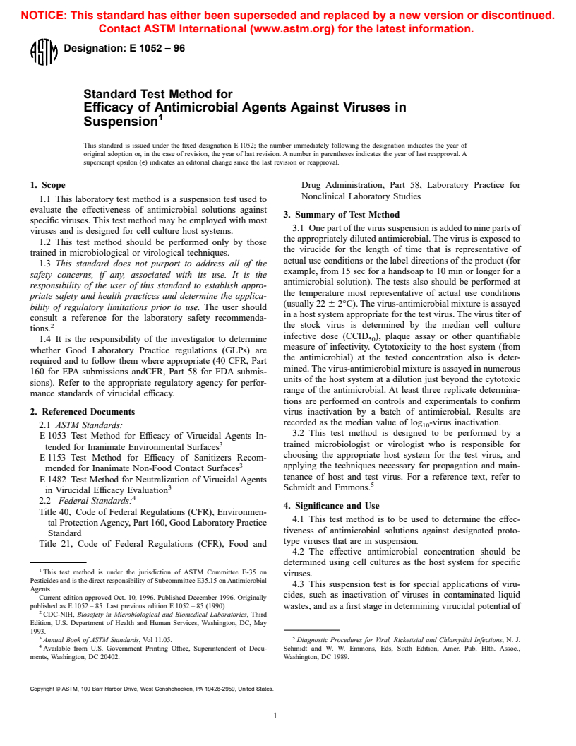 ASTM E1052-96 - Standard Test Method for Efficacy of Antimicrobial Agents Against Viruses in Suspension