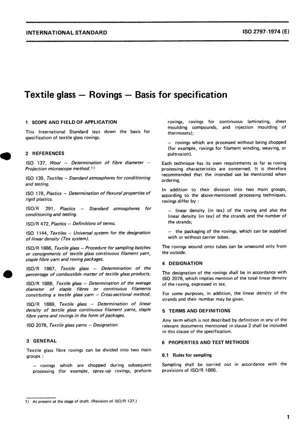 ISO 2797:1974 - Textile glass -- Rovings -- Basis for specification