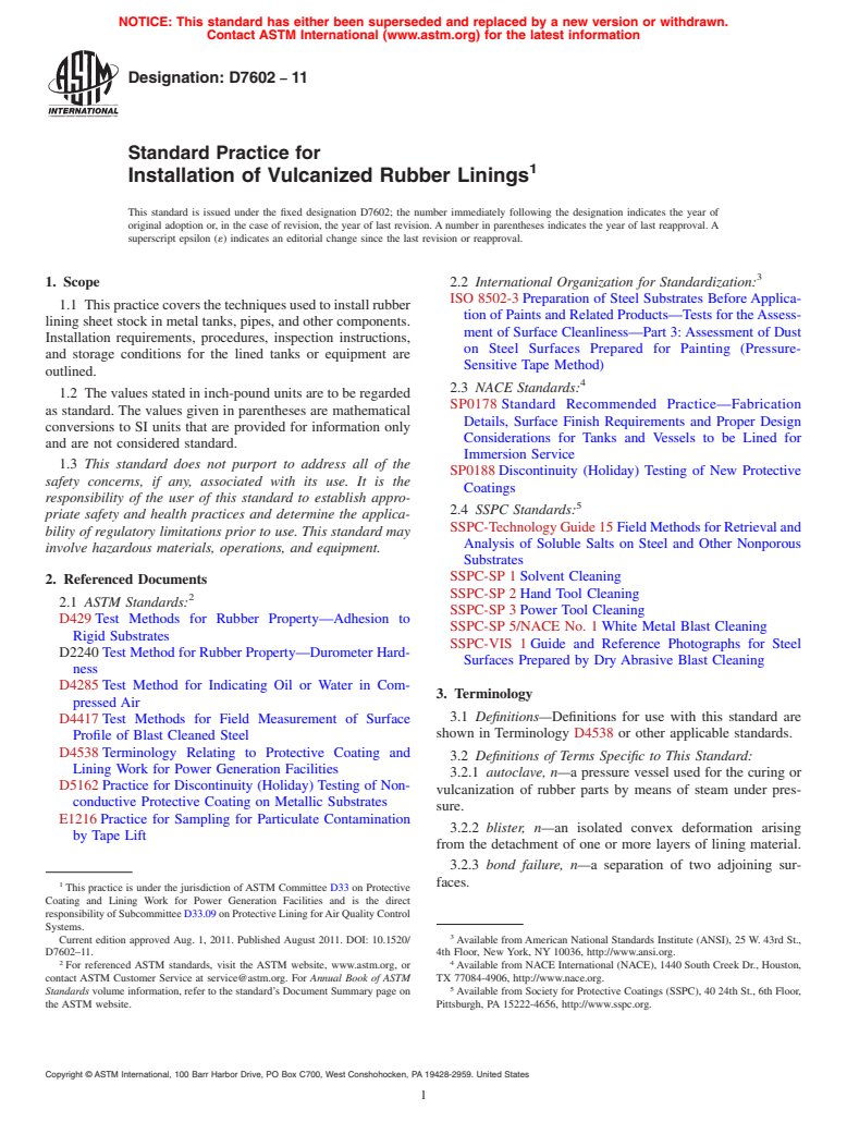 ASTM D7602-11 - Standard Practice for Installation of Vulcanized Rubber Linings