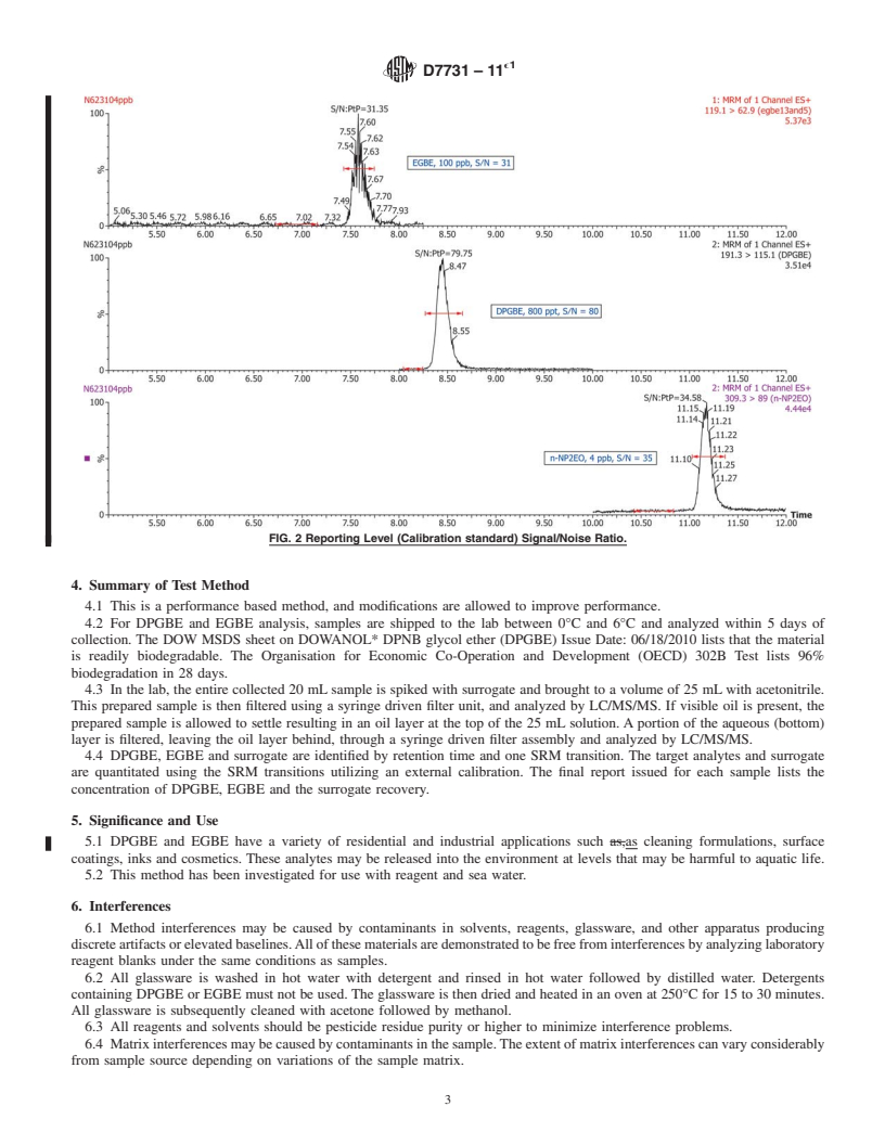 REDLINE ASTM D7731-11e1 - Standard Test Method for Determination of Dipropylene Glycol Monobutyl Ether and Ethylene Glycol Monobutyl Ether in Sea Water by Liquid Chromatography/Tandem Mass Spectrometry (LC/MS/MS)