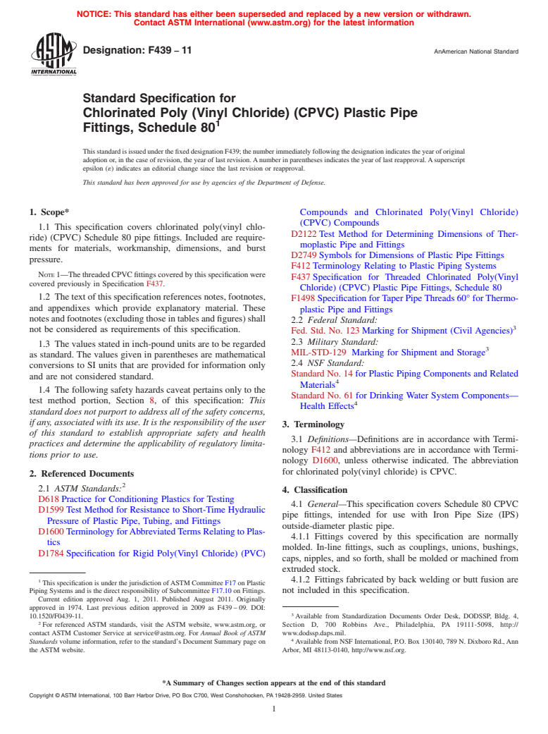 ASTM F439-11 - Standard Specification for  Chlorinated Poly (Vinyl Chloride) (CPVC) Plastic Pipe Fittings, Schedule 80