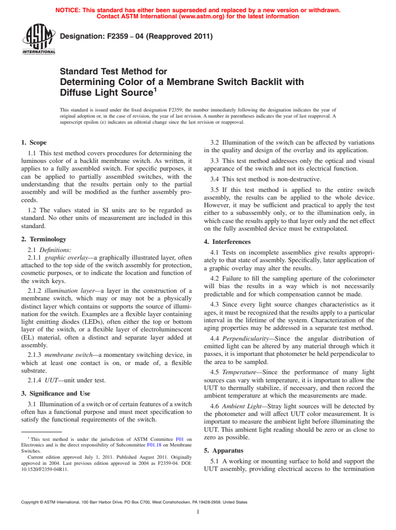 ASTM F2359-04(2011) - Standard Test Method for Determining Color of a Membrane Switch Backlit with Diffuse Light Source