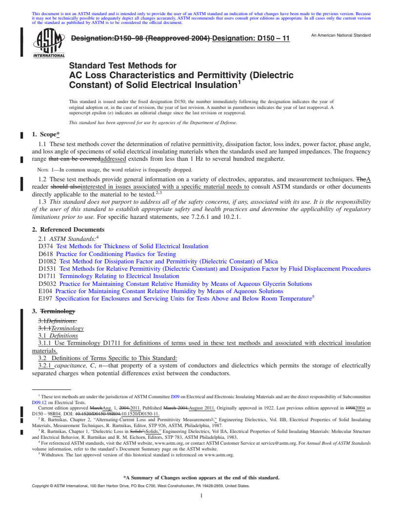 REDLINE ASTM D150-11 - Standard Test Methods for AC Loss Characteristics and Permittivity (Dielectric Constant) of Solid Electrical Insulation