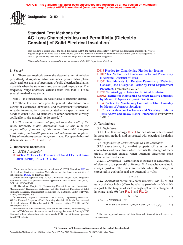 ASTM D150-11 - Standard Test Methods for AC Loss Characteristics and Permittivity (Dielectric Constant) of Solid Electrical Insulation