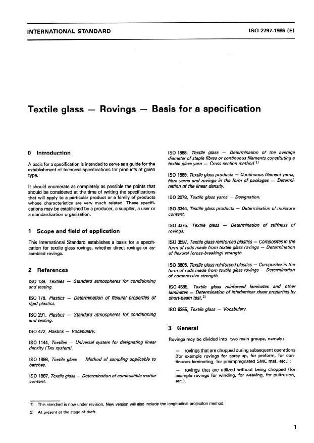 ISO 2797:1986 - Textile glass -- Rovings -- Basis for a specification