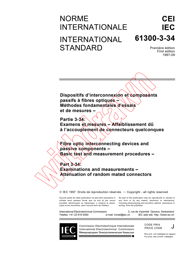 IEC 61300-3-34:1997 - Fibre optic interconnecting devices and passive components - Basic test and measurement procedures - Part 3-34: Examinations and measurements - Attenuation of random mated connectors
Released:9/10/1997
Isbn:2831839556