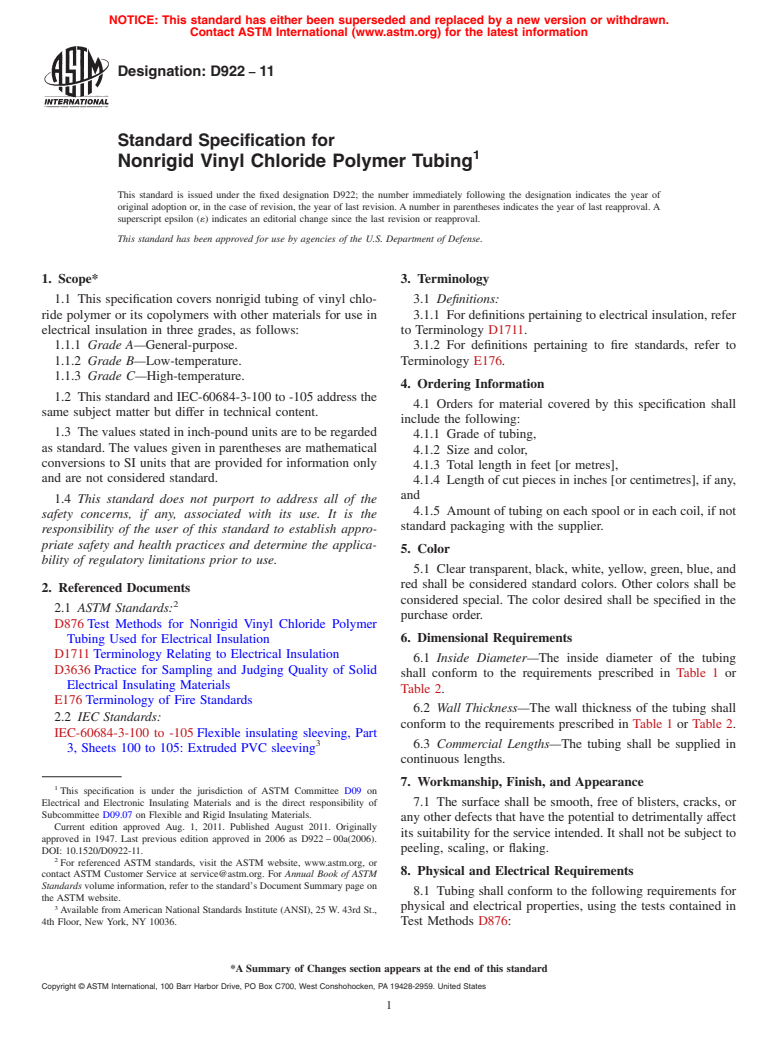 ASTM D922-11 - Standard Specification for  Nonrigid Vinyl Chloride Polymer Tubing