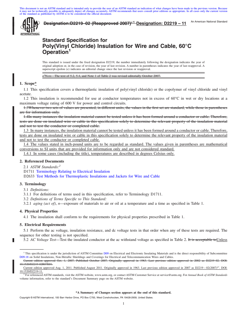 REDLINE ASTM D2219-11 - Standard Specification for  Poly(Vinyl Chloride) Insulation for Wire and Cable, 60<span class='unicode'>&#x00B0;</span>C Operation