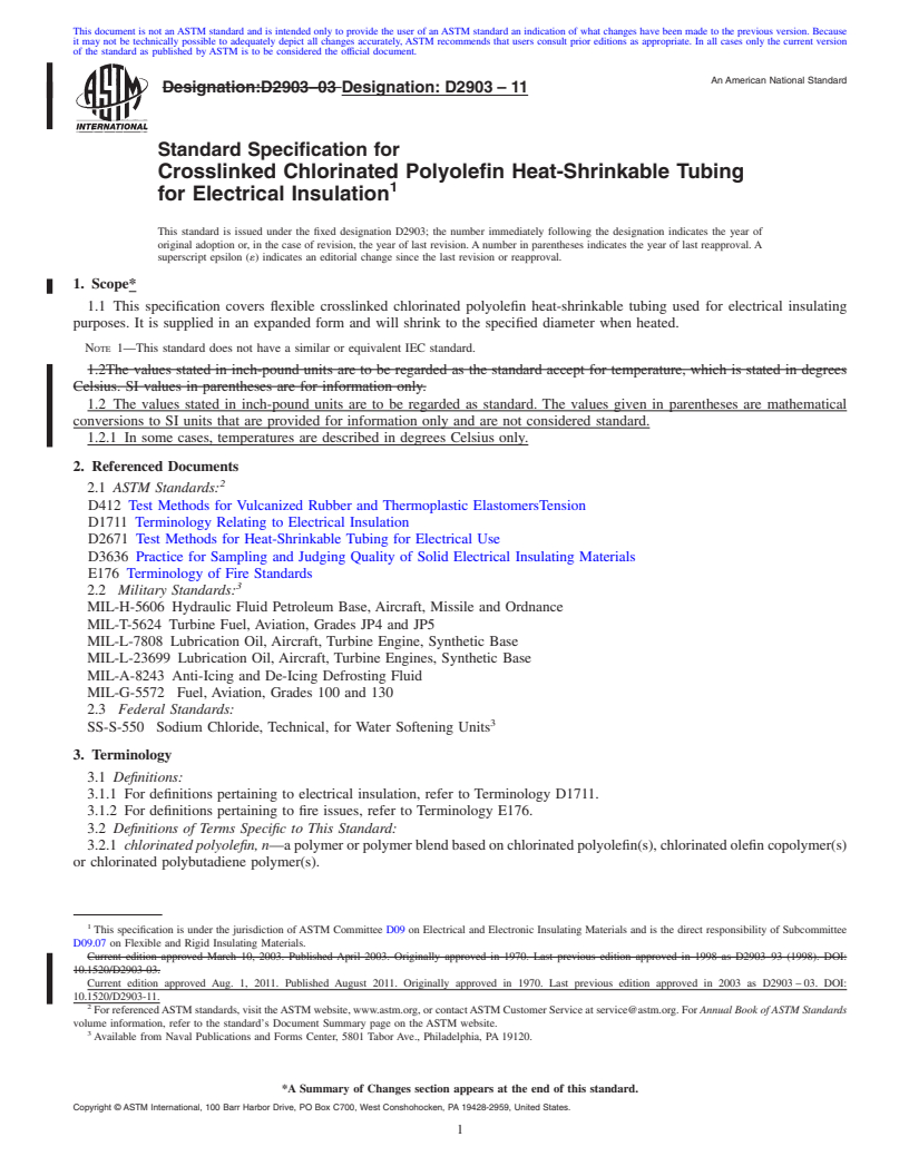REDLINE ASTM D2903-11 - Standard Specification for  Crosslinked Chlorinated Polyolefin Heat-Shrinkable Tubing for Electrical Insulation