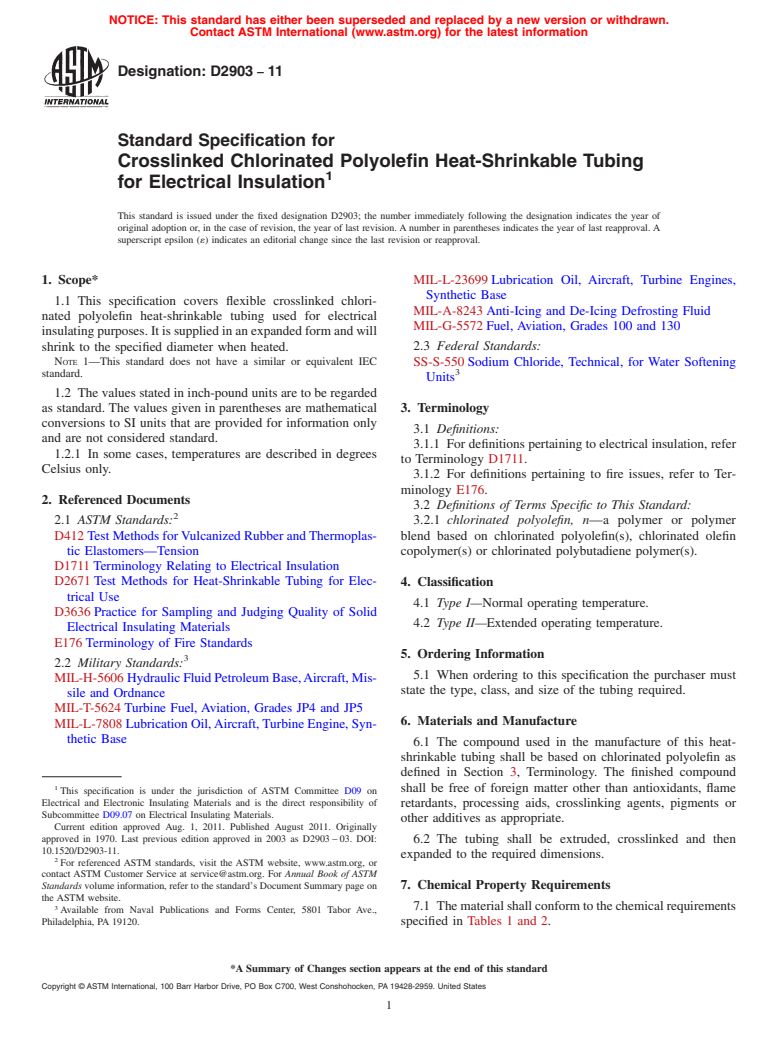 ASTM D2903-11 - Standard Specification for  Crosslinked Chlorinated Polyolefin Heat-Shrinkable Tubing for Electrical Insulation