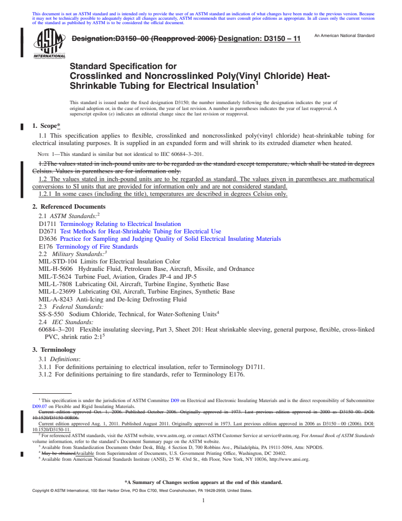 REDLINE ASTM D3150-11 - Standard Specification for  Crosslinked and Noncrosslinked Poly(Vinyl Chloride) Heat-Shrinkable Tubing for Electrical Insulation