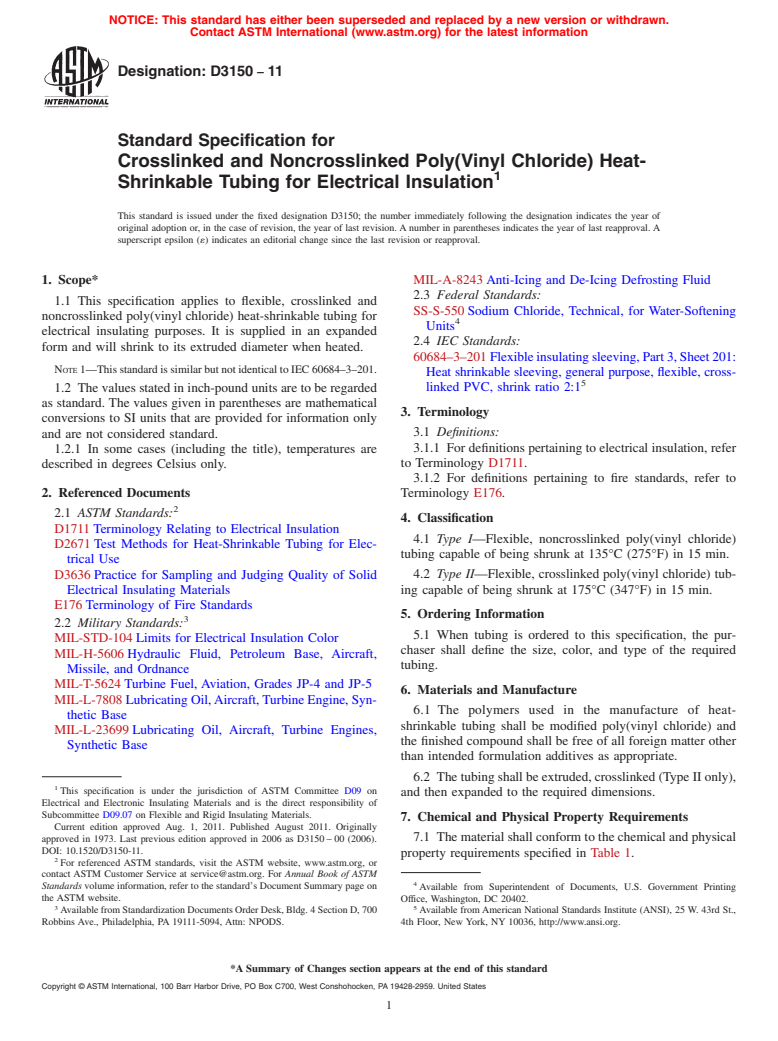 ASTM D3150-11 - Standard Specification for  Crosslinked and Noncrosslinked Poly(Vinyl Chloride) Heat-Shrinkable Tubing for Electrical Insulation