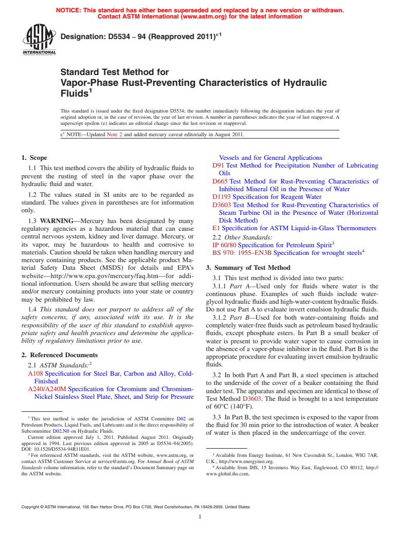 ASTM D5534-94(2011)e1 - Standard Test Method for Vapor-Phase Rust-Preventing Characteristics of Hydraulic Fluids