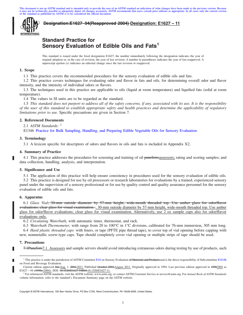 REDLINE ASTM E1627-11 - Standard Practice for Sensory Evaluation of Edible Oils and Fats