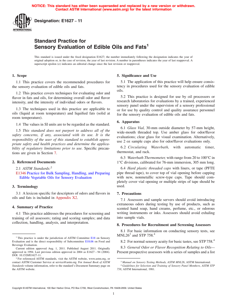 ASTM E1627-11 - Standard Practice for Sensory Evaluation of Edible Oils and Fats