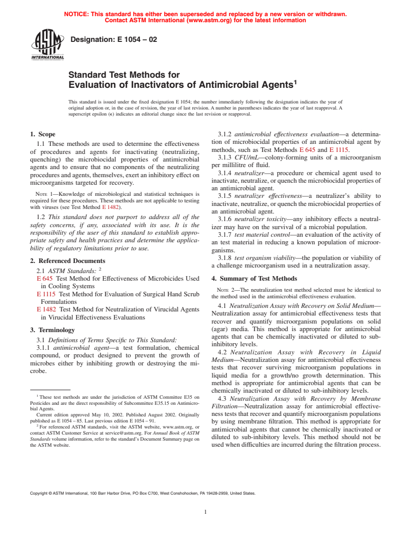 ASTM E1054-02 - Standard Test Methods for Evaluation of Inactivators of Antimicrobial Agents