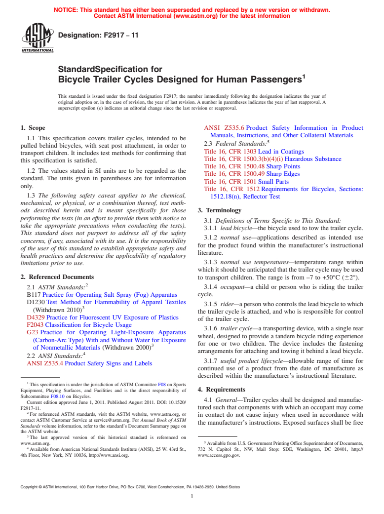 ASTM F2917-11 - Standard Specification for Bicycle Trailer Cycles Designed for Human Passengers