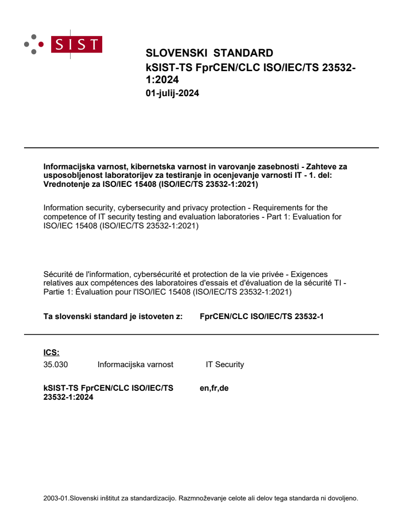 kTS FprCEN/CLC ISO/IEC/TS 23532-1:2024 - BARVE