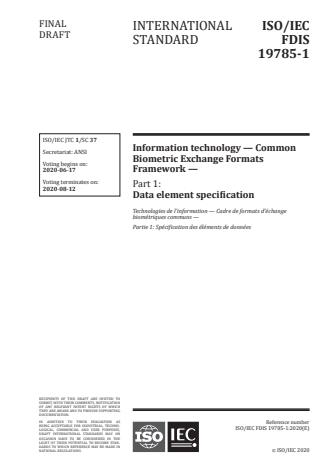 ISO/IEC FDIS 19785-1 - Information technology -- Common Biometric Exchange Formats Framework