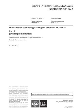 ISO/IEC FDIS 30106-2:Version 25-apr-2020 - Information technology -- Object oriented BioAPI