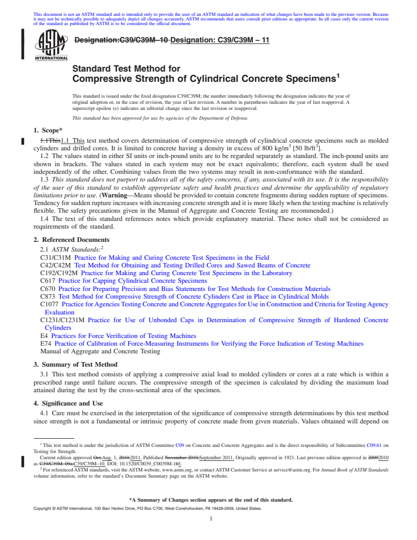 REDLINE ASTM C39/C39M-11 - Standard Test Method for  Compressive Strength of Cylindrical Concrete Specimens