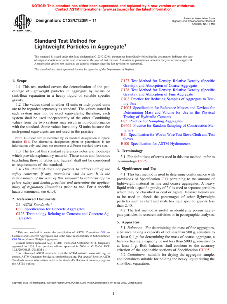 ASTM C123/C123M-11 - Standard Test Method for  Lightweight Particles in Aggregate