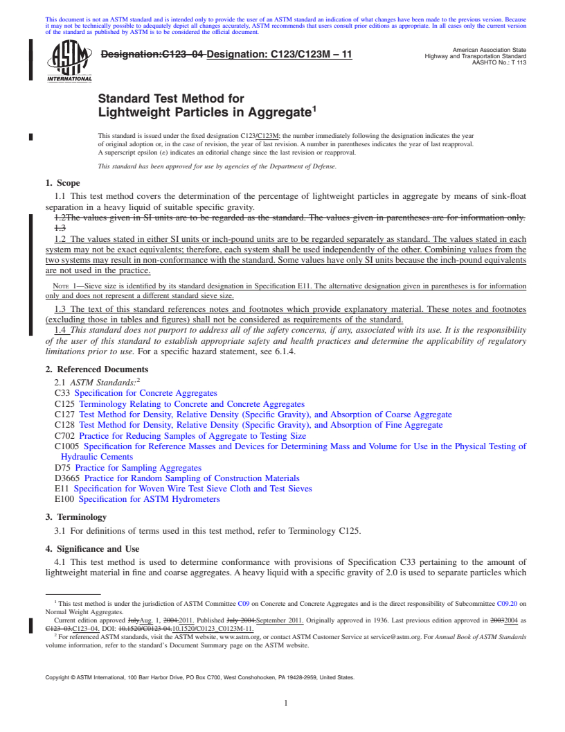 REDLINE ASTM C123/C123M-11 - Standard Test Method for  Lightweight Particles in Aggregate