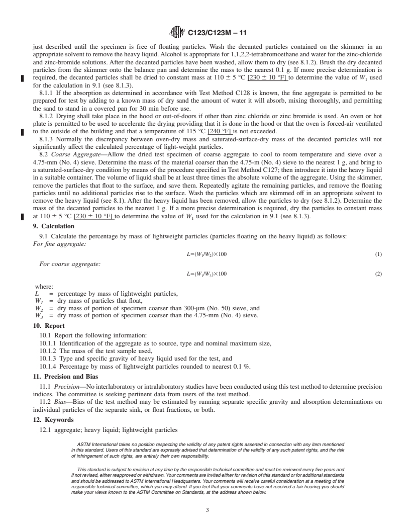 REDLINE ASTM C123/C123M-11 - Standard Test Method for  Lightweight Particles in Aggregate