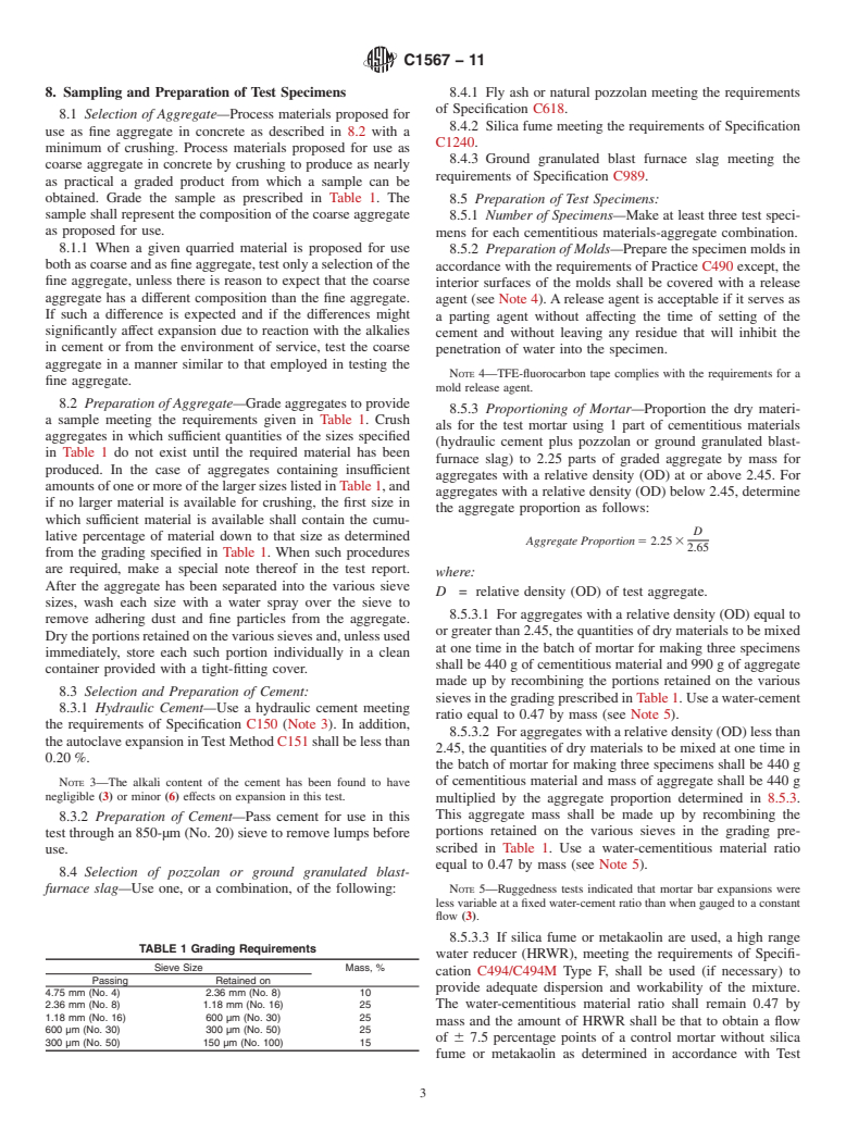 ASTM C1567-11 - Standard Test Method for Determining the Potential Alkali-Silica Reactivity of Combinations  of Cementitious Materials and Aggregate (Accelerated Mortar-Bar Method)