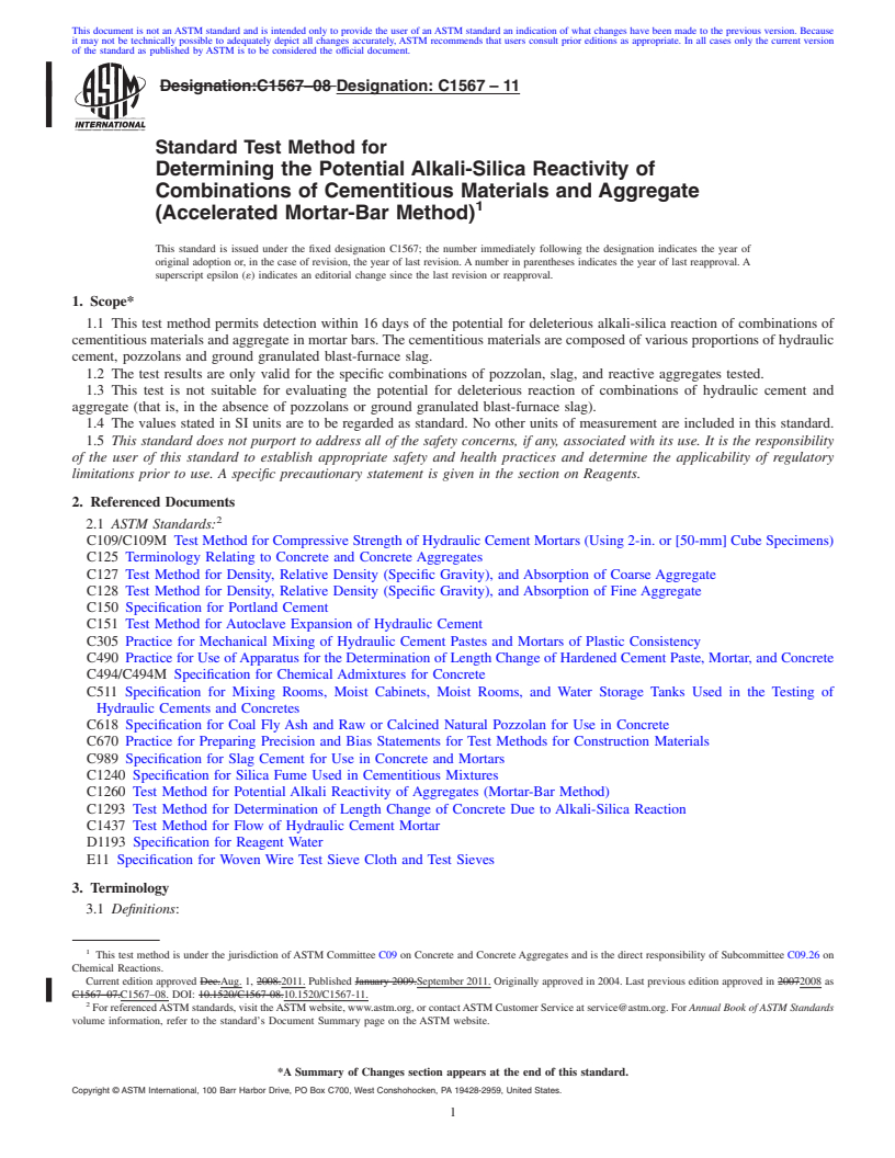 REDLINE ASTM C1567-11 - Standard Test Method for Determining the Potential Alkali-Silica Reactivity of Combinations  of Cementitious Materials and Aggregate (Accelerated Mortar-Bar Method)