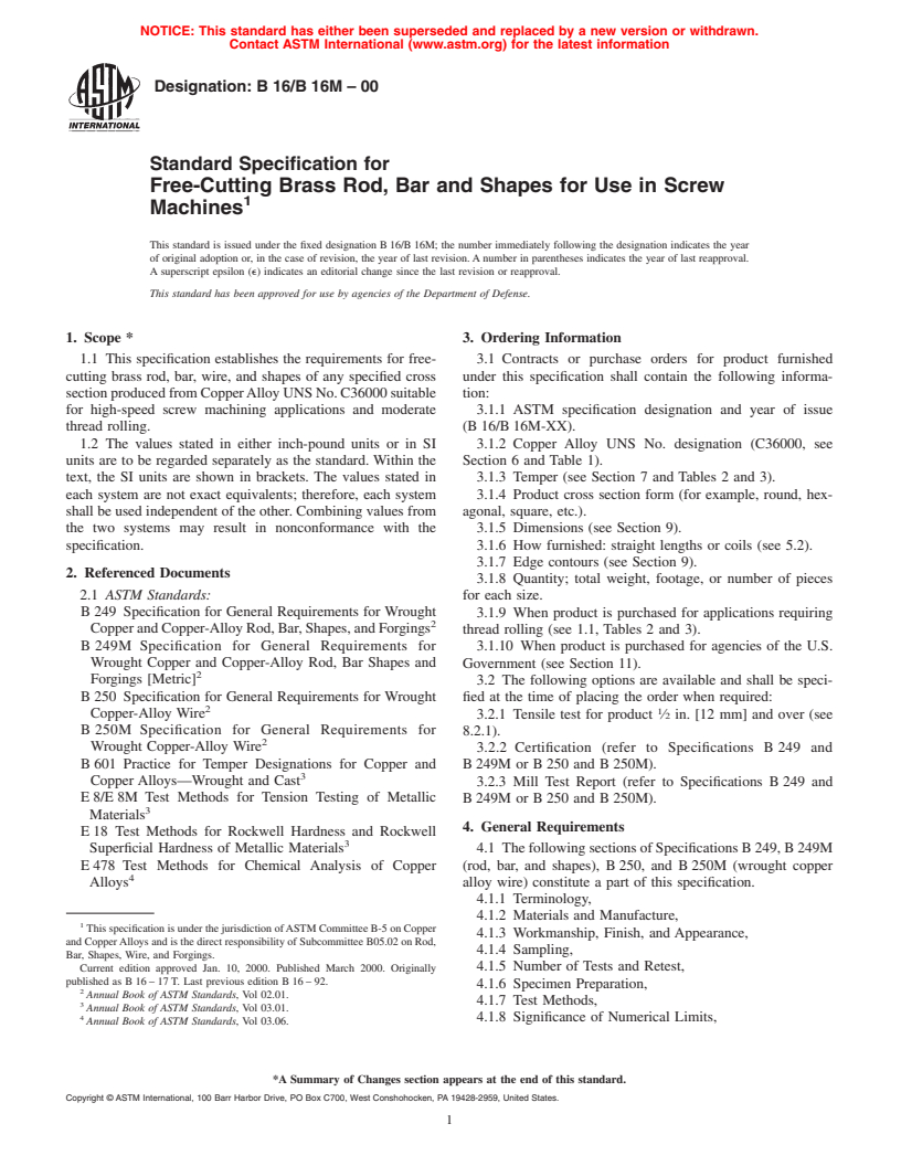 ASTM B16/B16M-00 - Standard Specification for Free-Cutting Brass Rod, Bar and Shapes for Use in Screw Machines