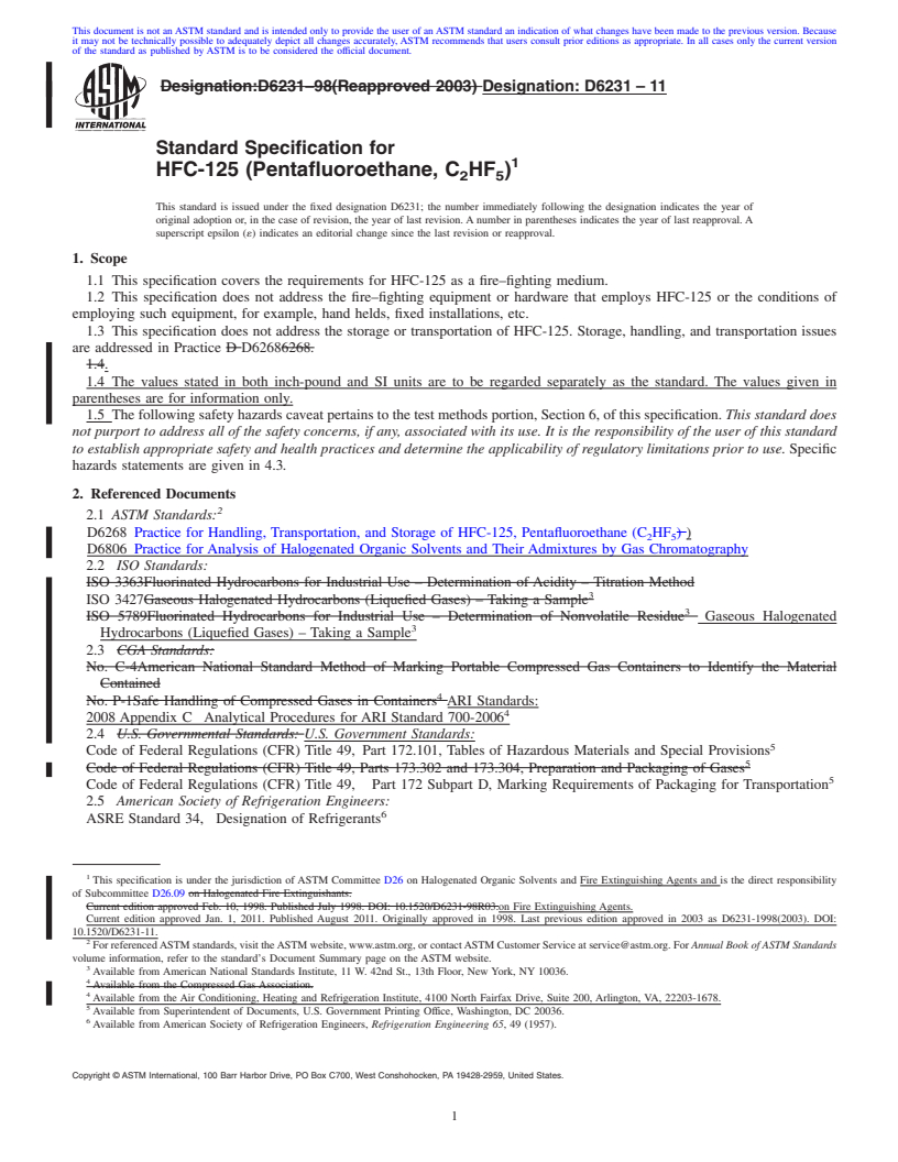 REDLINE ASTM D6231-11 - Standard Specification for HFC-125 (Pentafluoroethane, C<sub>2</sub>HF<sub>5</sub>)