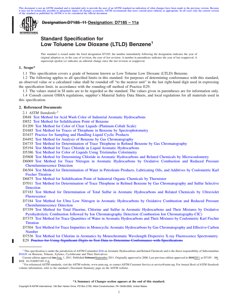 REDLINE ASTM D7185-11a - Standard Specification for Low Toluene Low Dioxane (LTLD) Benzene
