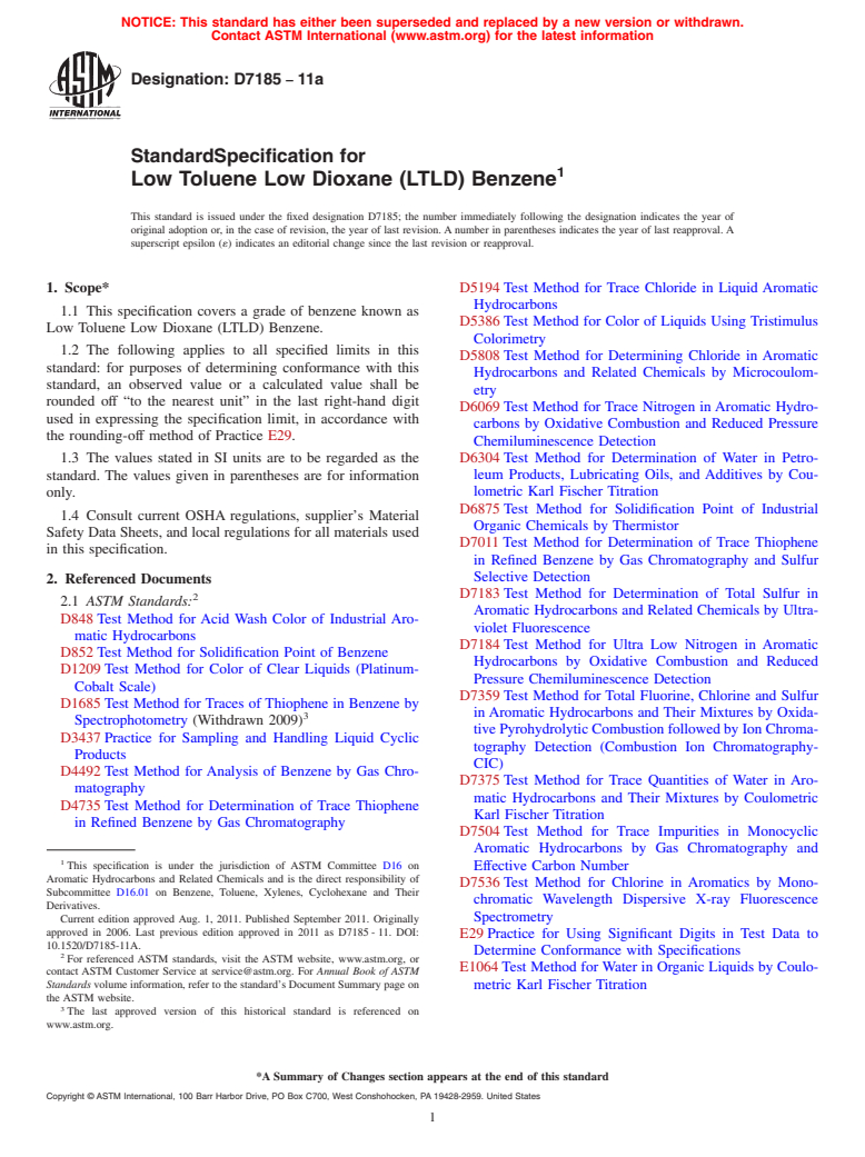 ASTM D7185-11a - Standard Specification for Low Toluene Low Dioxane (LTLD) Benzene