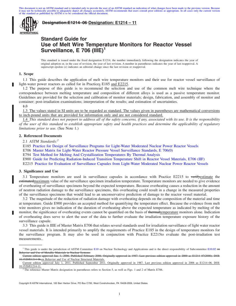 REDLINE ASTM E1214-11 - Standard Guide for Use of Melt Wire Temperature Monitors for Reactor Vessel Surveillance, E 706 (IIIE)