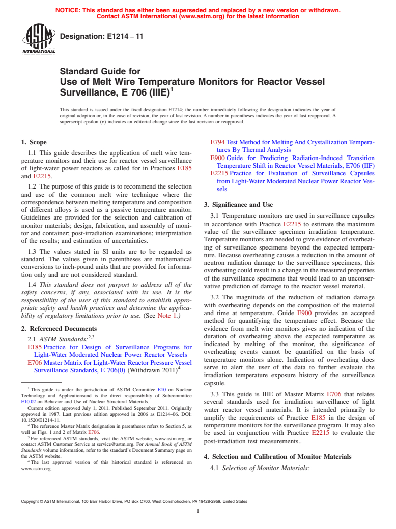 ASTM E1214-11 - Standard Guide for Use of Melt Wire Temperature Monitors for Reactor Vessel Surveillance, E 706 (IIIE)