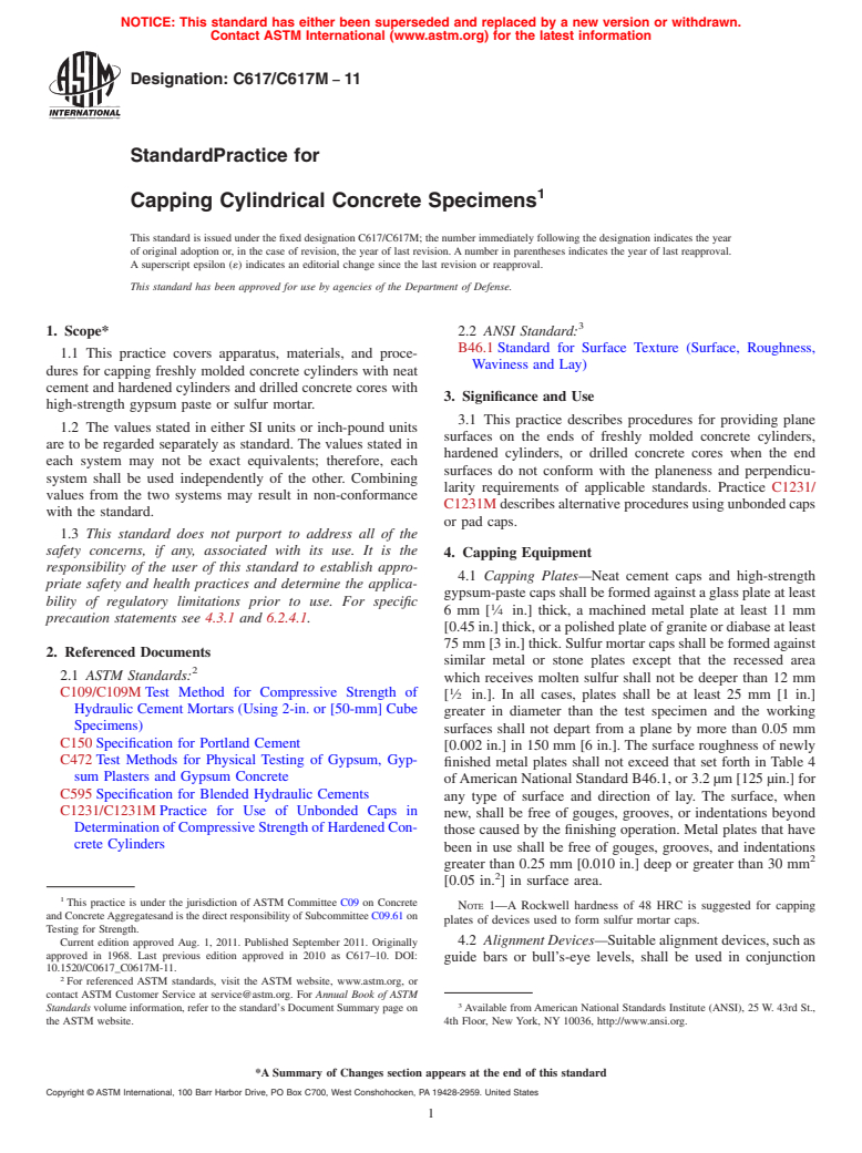 ASTM C617/C617M-11 - Standard Practice for<br>  Capping Cylindrical Concrete Specimens