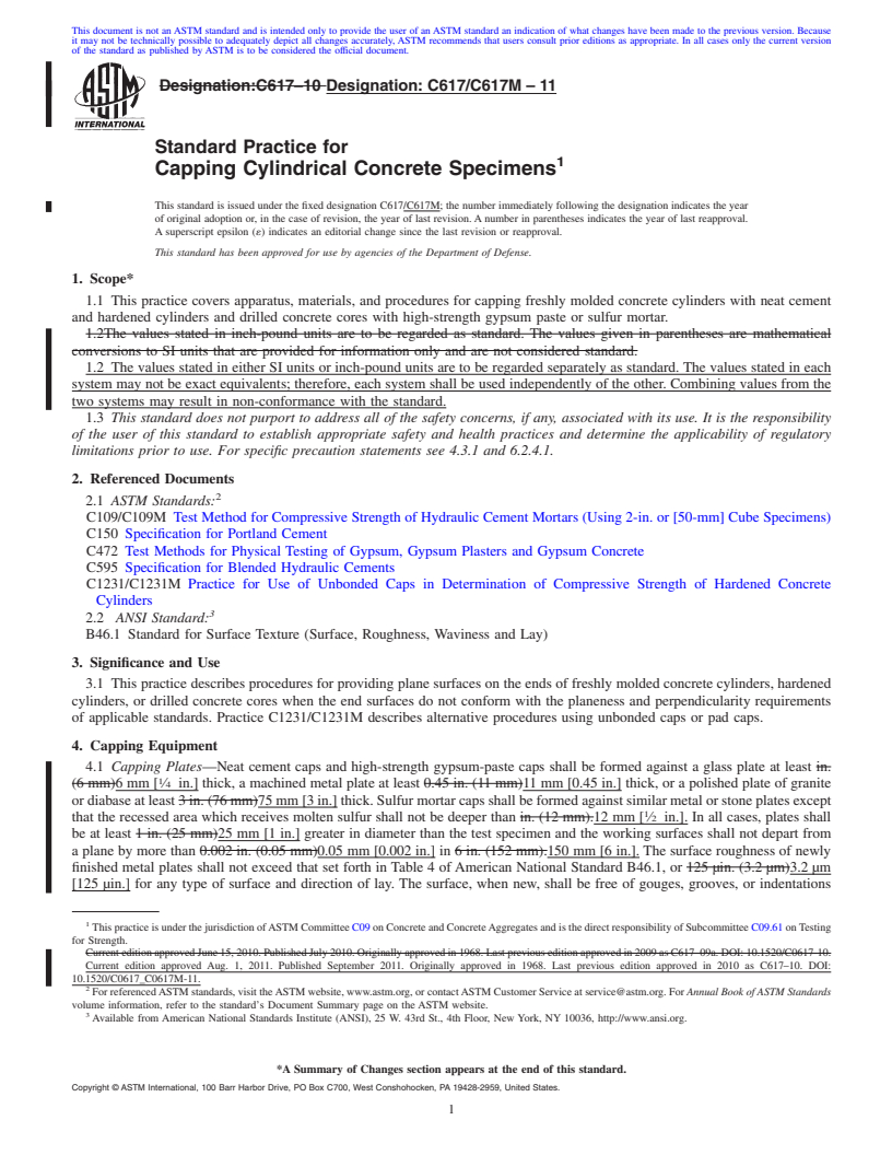 REDLINE ASTM C617/C617M-11 - Standard Practice for<br>  Capping Cylindrical Concrete Specimens