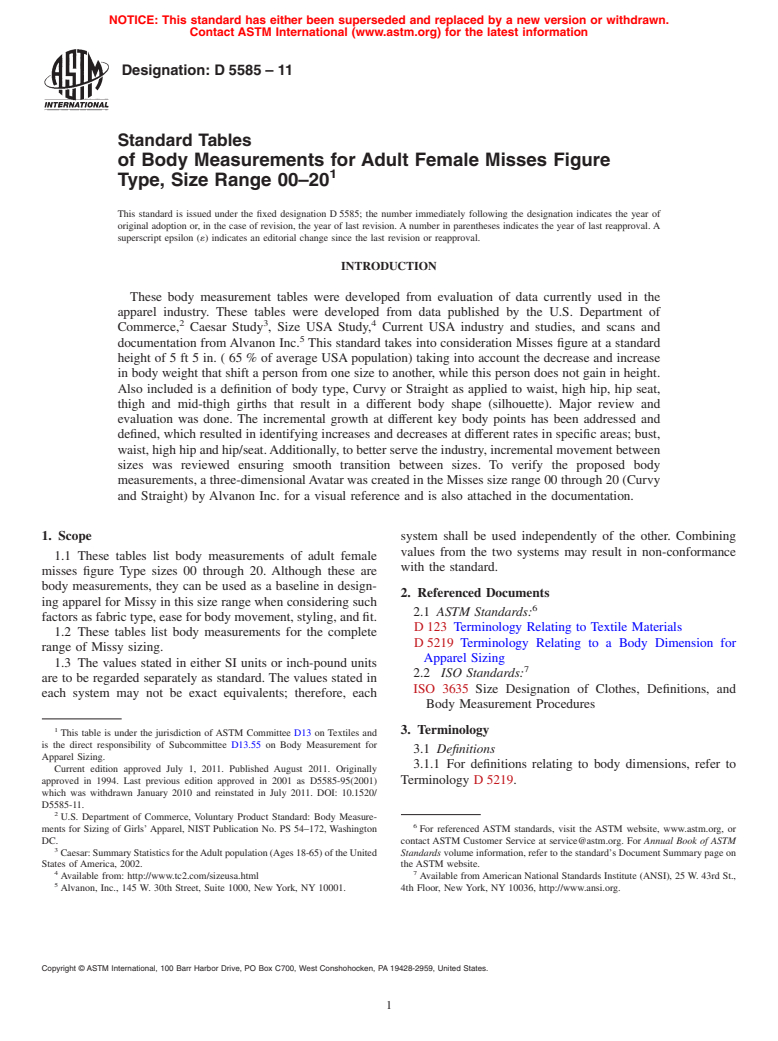 ASTM D5585-11 - Standard Tables of Body Measurements for Adult Female Misses Figure Type, Size  Range 00<span class='unicode'>&#x2013;</span>20