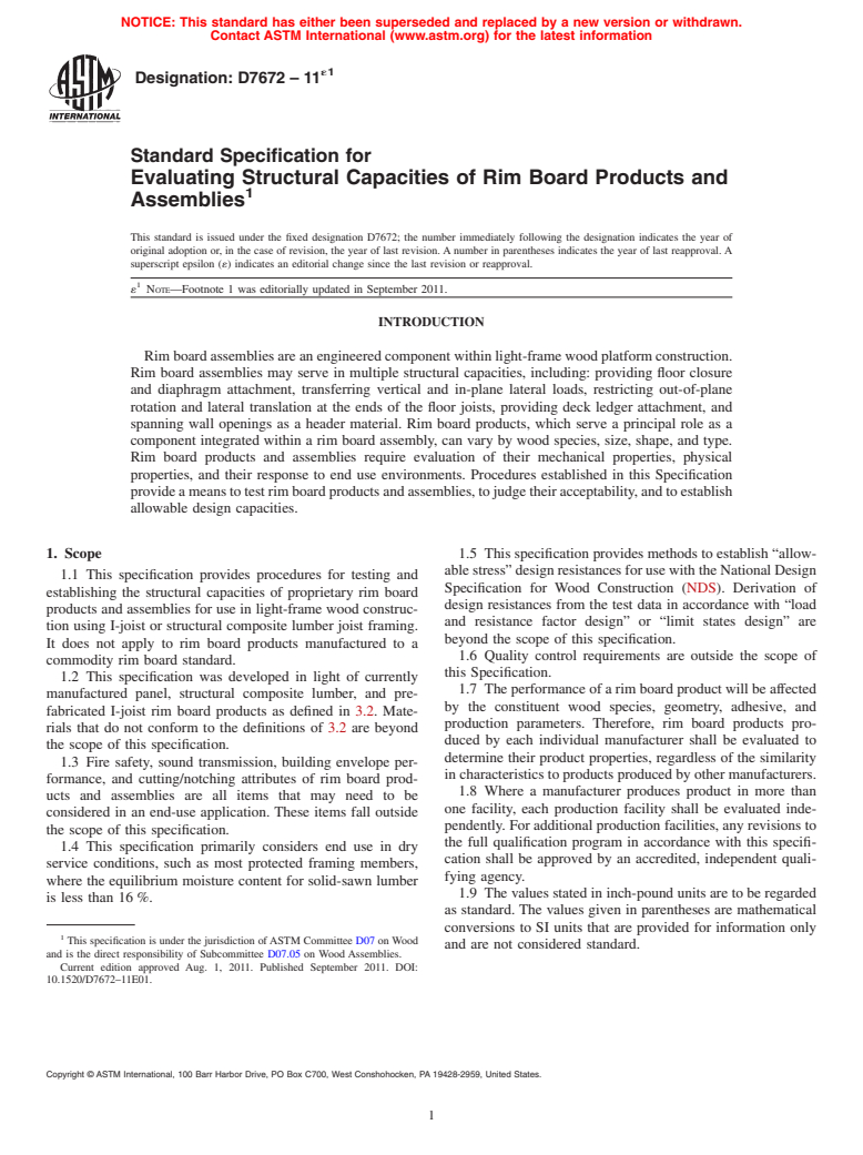 ASTM D7672-11e1 - Standard Specification for Evaluating Structural Capacities of Rim Board Products and Assemblies